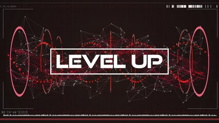 Animation of level up text over red spinning dna strand - Powered by Adobe