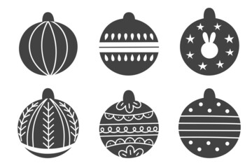 Set of decorative Christmas toys for the tree, ball with a pattern. Hand drawn vector illustration.Traditional holiday symbol