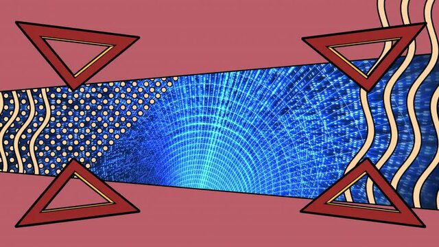 Animation of triangles and waves over tunnel made of blue lights