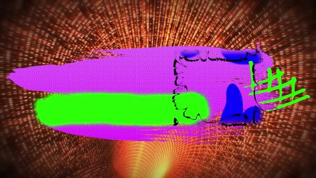 Animation of colorful abstract shapes over tunnel made of orange lights
