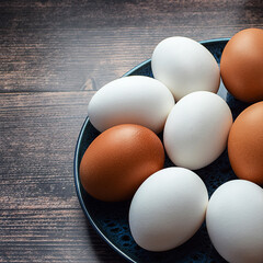 White and brown chicken eggs in a bowl on a rustic wooden table. Top and side views. Farm products concept.