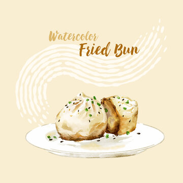 Hand-drawn Watercolor Fried Buns (bao Or Dumpling) Illustration. The Popular Street Food In Asia. Black Sesame And Green Onion On It.