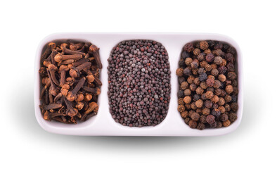 clove, black mustard, black pepper isolated on white background