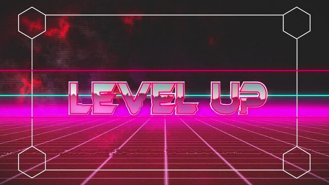Animation of level up in frame over pink and black digital space
