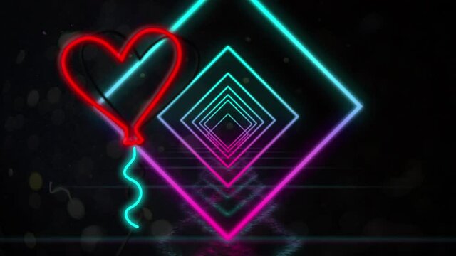 Animation of neon heart balloon and squares on black background