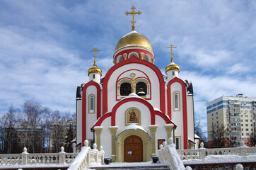 City of Vidnoye, Russia - February, 2021: Temple of the Martyr George the Victorious