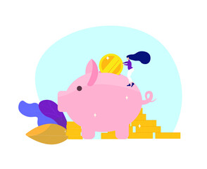 the girl puts money in the piggy bank.safe deposit strategy.vector illustration in the flat style on an isolated background.The concept of money savings, personal investments, finance, financing, bank