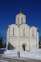 Vladimir, Russia - March, 2021: Cathedral of Saint Demetrius in winter sunny day