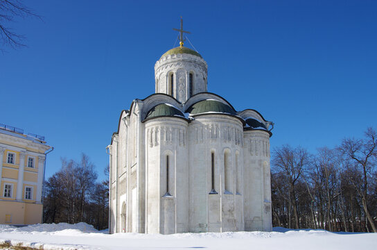 Vladimir, Russia - March, 2021: Cathedral of Saint Demetrius in winter sunny day
