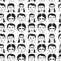 Seamless pattern. Vector illustration with doodle sketch. Linear portrait of woman, men.