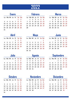 Vertical blue pocket calendar on 2022 year, spanish.