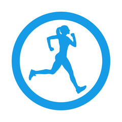 Logotipo carrera a pie. Icono con silueta de mujer corredora en circulo color azul