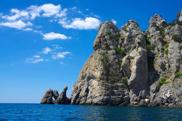 Rock Three monks in the district of Noviy Svet, Crimea. View from the Black sea