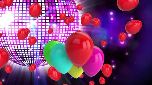 Animation of balloons floating over rotating mirror ball
