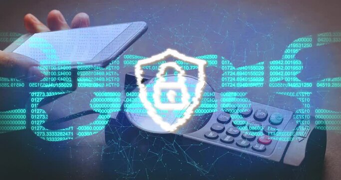 Animation of block chain and security padlock on shield over smartphone and payment terminal