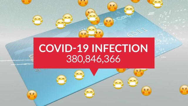 Animation of emoticons in face masks and increasing number of covid infections over bank card