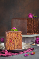 A piece of chocolate cake with vertical layeres, chocolate cream and  cherries. Modern design. Homemade. Vertical image.