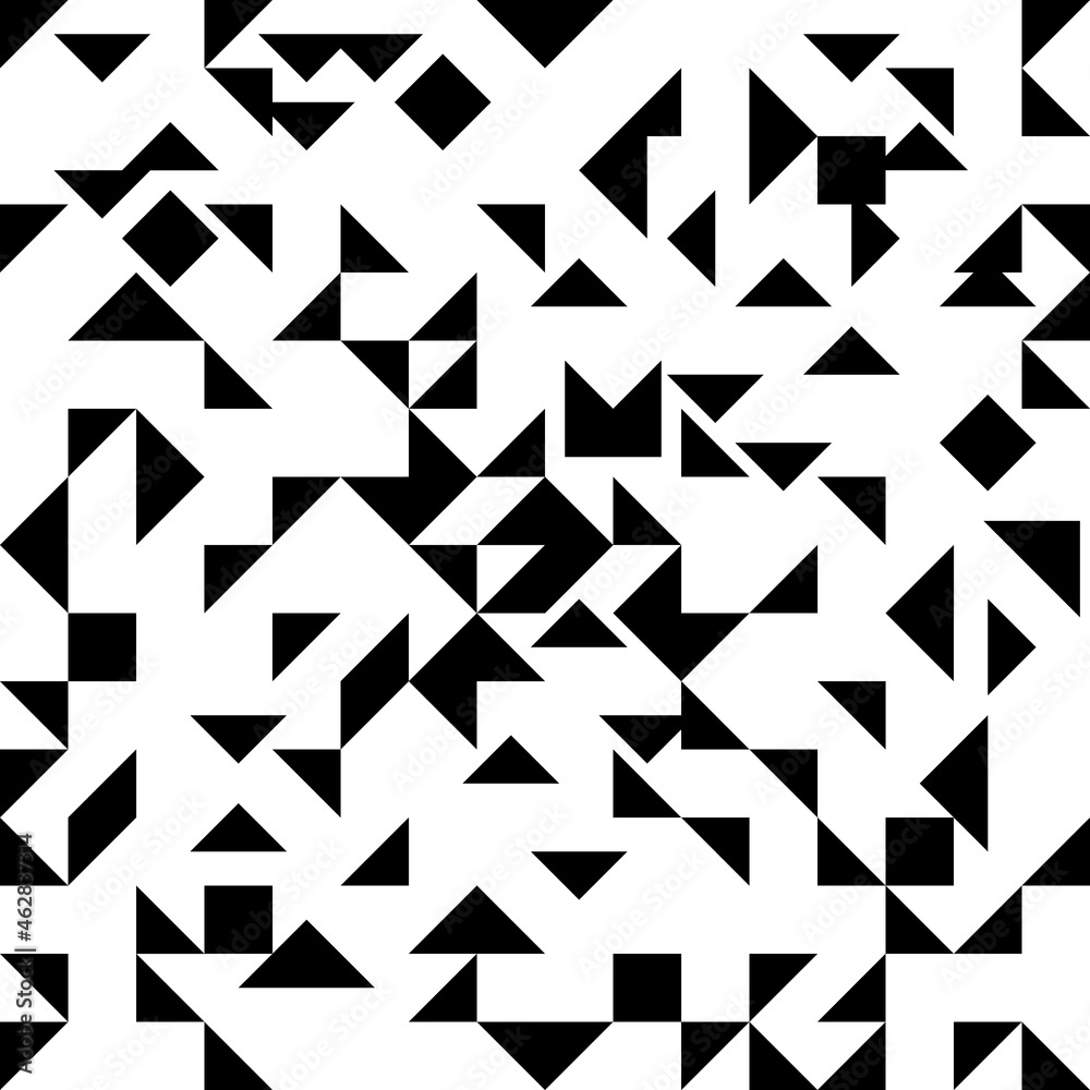 Fototapete The triangles are black and the background is white. An abstract pattern with different triangles arranged in different ways. Seamless vector ornament.