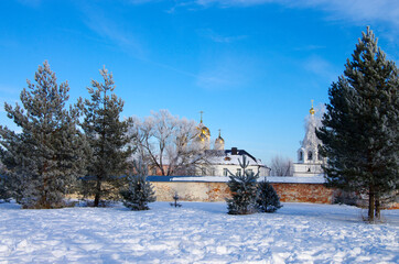 Mozhaisk, Russia - February, 2021: Luzhnetsky Ferapontovsky monastery in winter frozen day