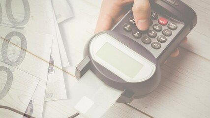 Animation of euro banknotes falling over hand of caucasian man holding payment terminal