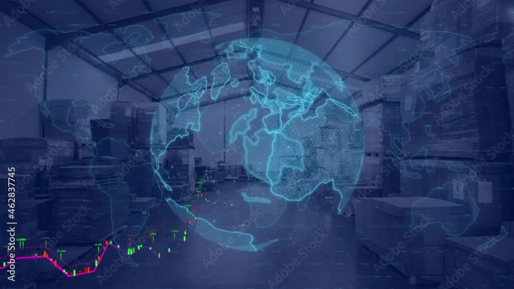 Poster animation of globe and digital interface with data processing over warehouse