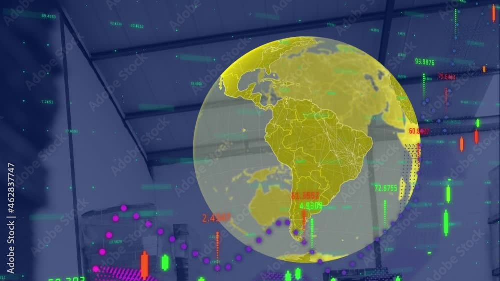 Poster animation of globe and digital interface with data processing over warehouse