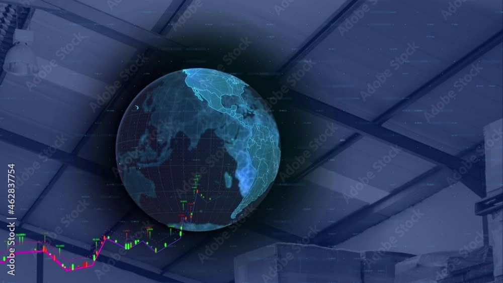 Poster animation of globe and digital interface with data processing over warehouse