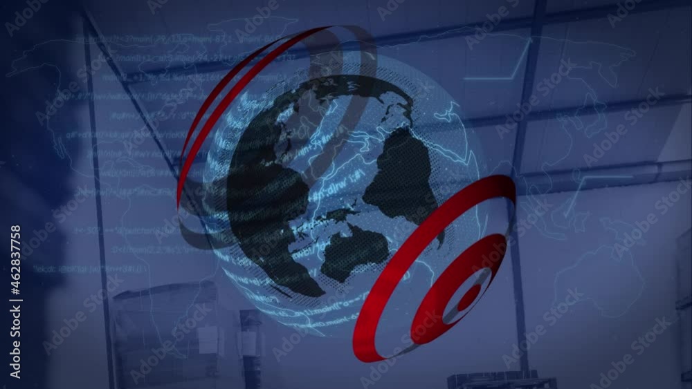 Poster animation of globe and digital interface with data processing over warehouse