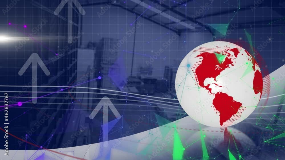 Poster animation of globe and digital interface with data processing over warehouse