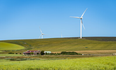 Landscape shot of countryside house and a wind turbines with blue sky in the overberg Western Cape South Africa
