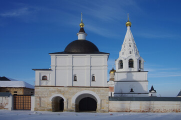 Fototapeta na wymiar Mozhaisk, Russia - February, 2021: Luzhnetsky Ferapontovsky monastery in winter frozen day