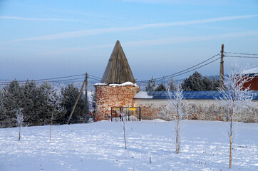 Mozhaisk, Russia - February, 2021: Luzhnetsky Ferapontovsky monastery in winter frozen day
