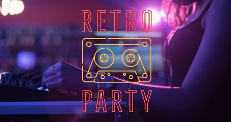 Animation of retro party text over female dj in the club