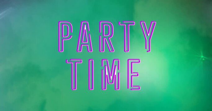 Animation of party time text over spots of lights on blue background