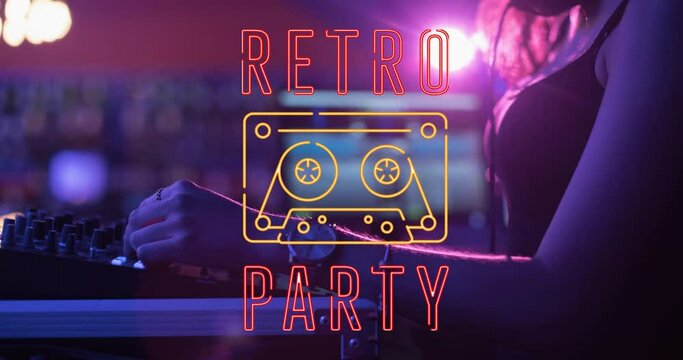 Animation of retro party text over female dj in the club