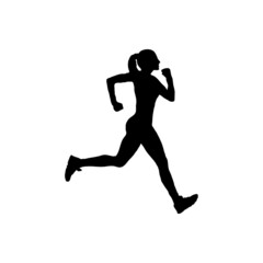 Fototapeta na wymiar Logotipo carrera a pie. Icono con silueta de mujer corredora en color negro