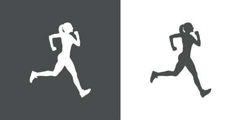 Fototapeta na wymiar Logotipo carrera a pie. Icono con silueta de mujer corredora en fondo gris y fondo blanco