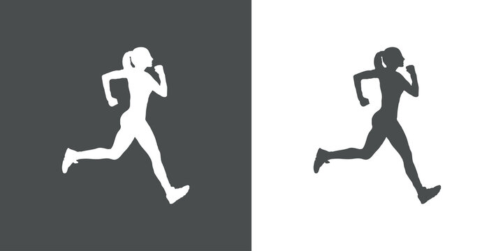 Logotipo carrera a pie. Icono con silueta de mujer corredora en fondo gris y fondo blanco