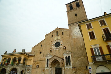 Lodi Cathedral. Cathedral of Lodi, façade in terracotta bricks.Exterior of the large church made of terracotta bricks in the Romanesque style. 