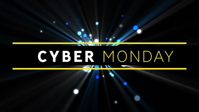 Digital animation of cyber monday text banner against blue spots of light on black background
