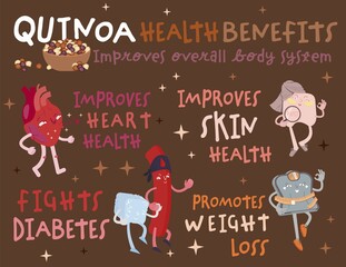 Quinoa health benefits. Colorful graphic image for package design.