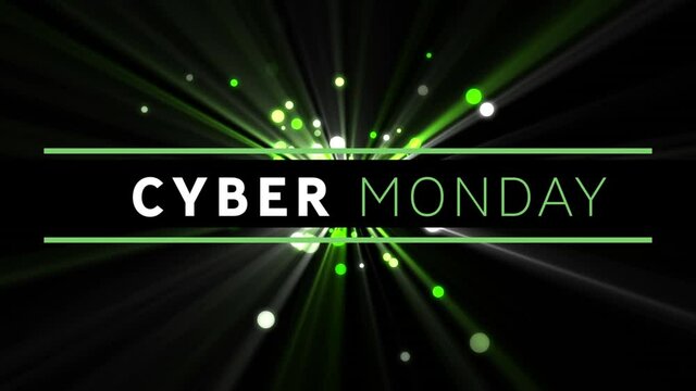 Digital animation of cyber monday text banner against green spots of light on black background