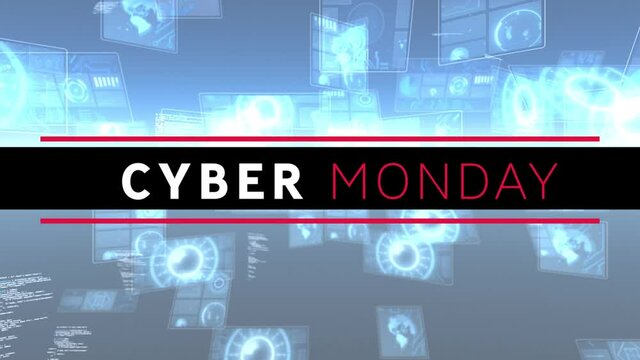 Digital animation of cyber monday text banner against multiple round scanners and data processing