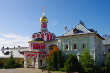 Fototapeta na wymiar Pavlovskaya Sloboda, Russia - September, 2020: Exterior of the Temple complex