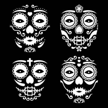 Mexican La Catrina face vector design, Dia de los Muertos or Day of the Dead female skull in white on black background
