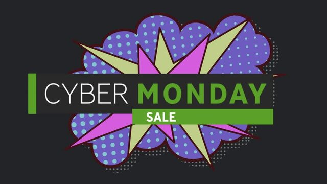 Digital animation of cyber monday sale text banner over retro speech bubble against black background