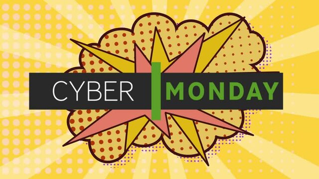 Digital animation of cyber monday text over retro speech bubble against yellow radial background