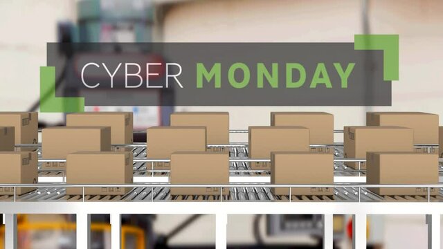 Animation of cyber monday text over cardboard boxes on conveyor belts