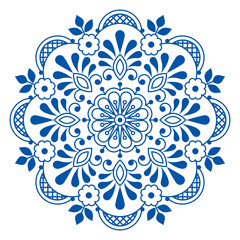 Folk art Scandinavian vector mandala design with flowers, greeting card or wedding invitation floral pattern inspired by and old lace and embroidery ornaments

