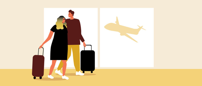 Couple at the airport, Flat vector stock illustration. with man and woman with luggage and airport interior